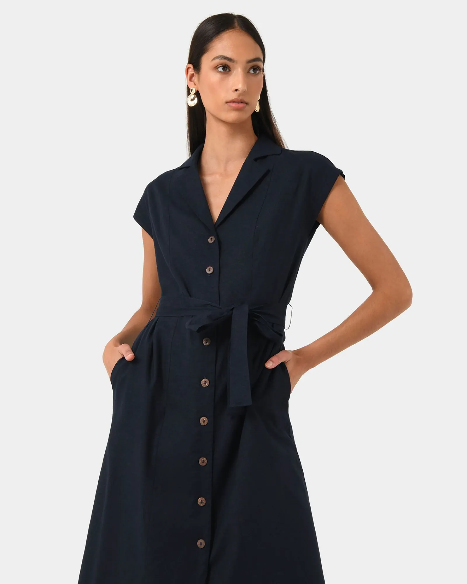 Forcast Kade V-neck Linen Dress* Midi Dresses|Midi Dresses