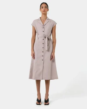 Forcast Kade V-neck Linen Dress* Midi Dresses|Midi Dresses
