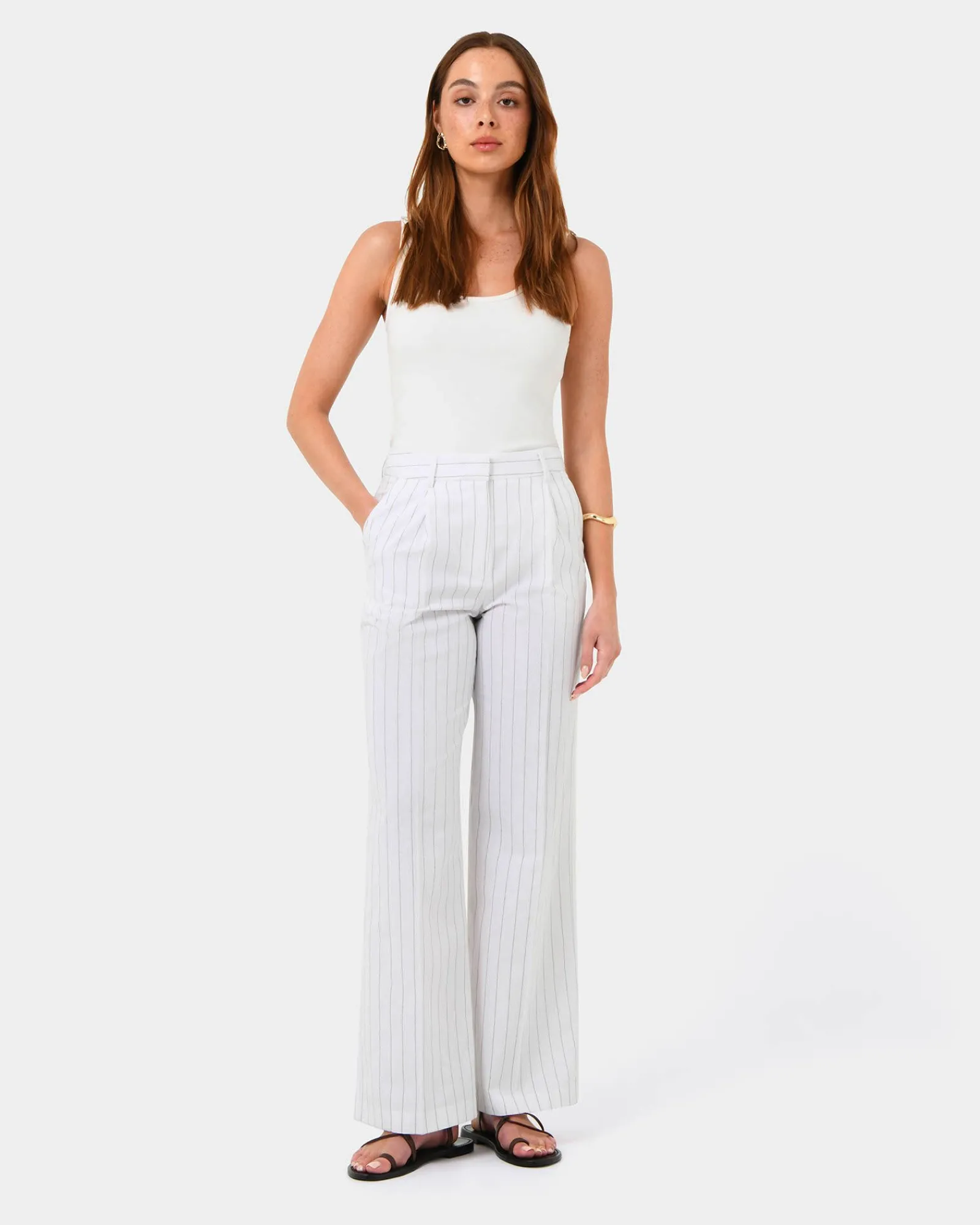 Forcast Ria Stripe Cotton Blend Pants* High-Waisted Pants|Straight Leg Pants
