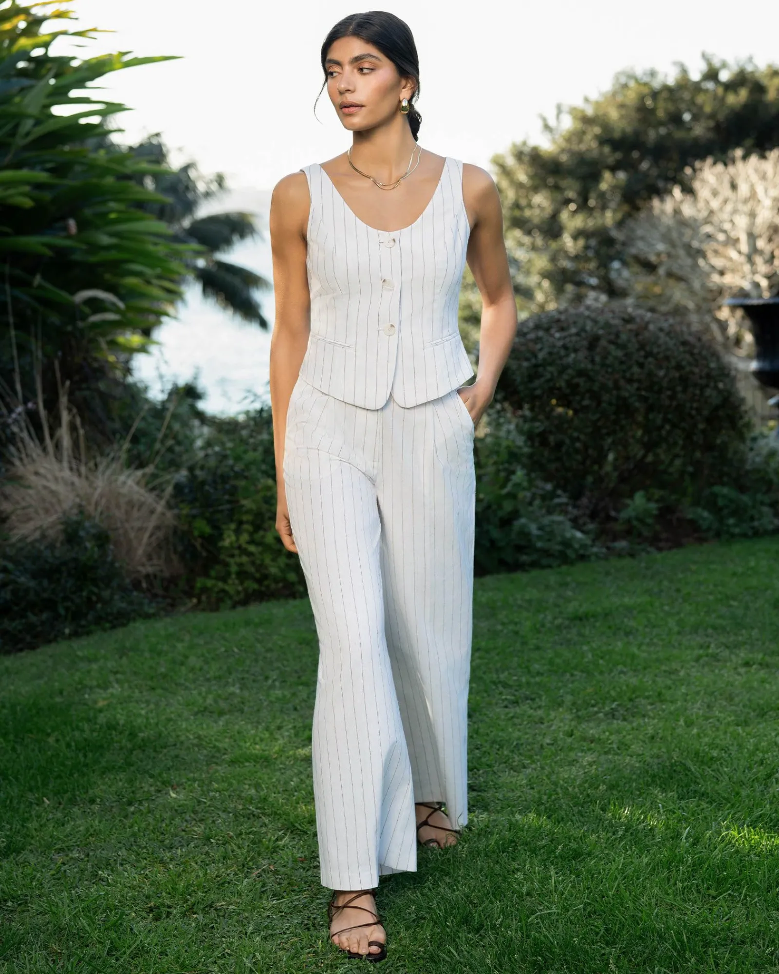 Forcast Ria Stripe Cotton Blend Pants* High-Waisted Pants|Straight Leg Pants