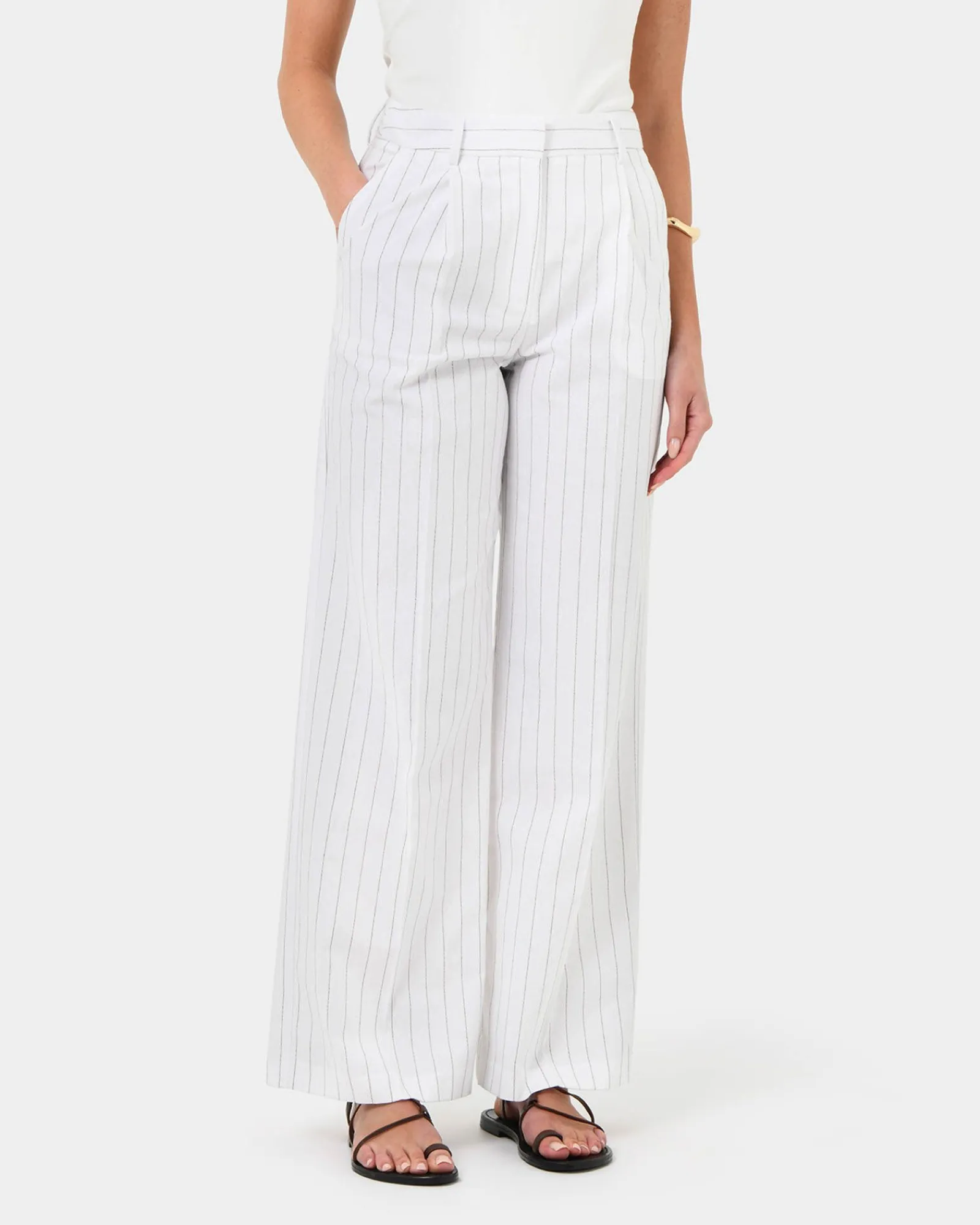 Forcast Ria Stripe Cotton Blend Pants* High-Waisted Pants|Straight Leg Pants