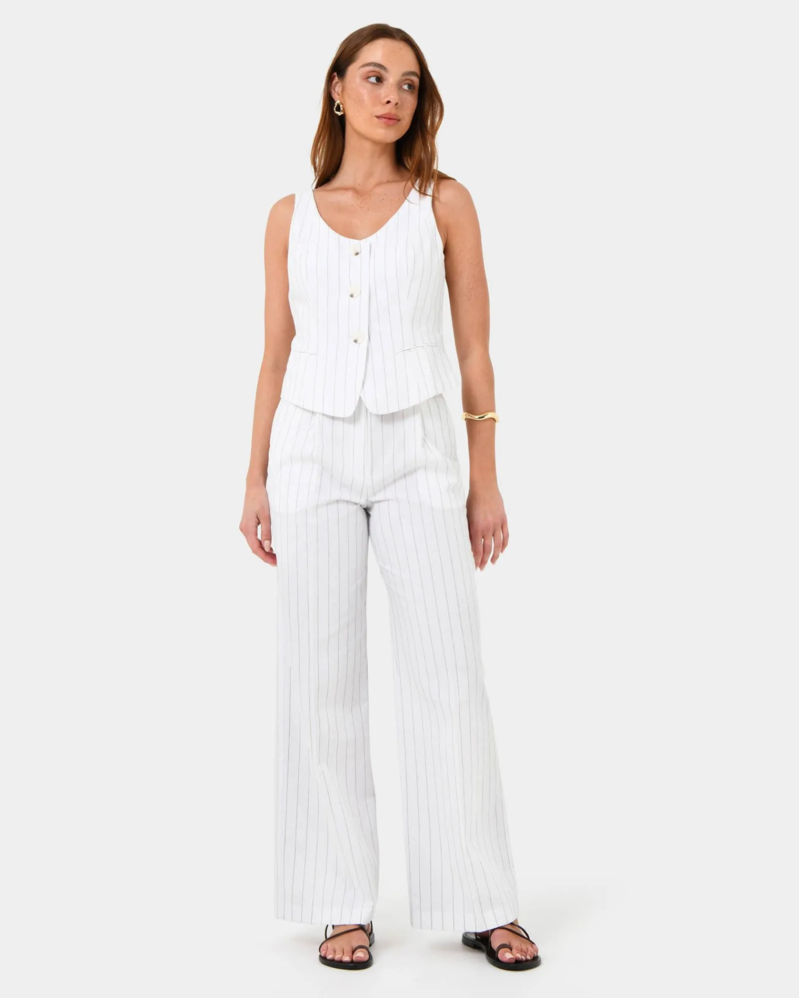 Forcast Ria Stripe Cotton Blend Pants* High-Waisted Pants|Straight Leg Pants