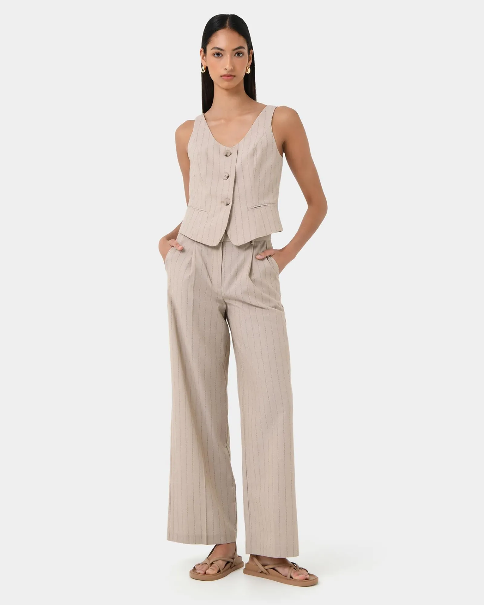 Forcast Ria Stripe Cotton Blend Pants* High-Waisted Pants|Straight Leg Pants
